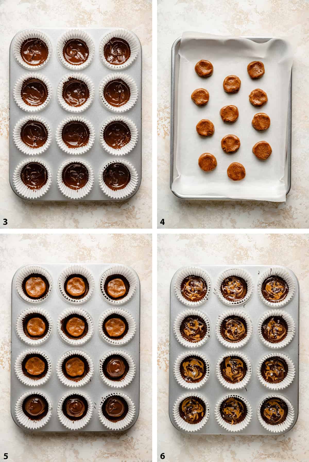 Process steps of assembling the decorating the tops of the almond butter cups.