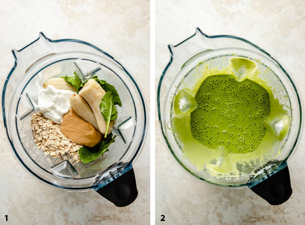 Process steps of pre and post blending of smoothie in a blender jug.