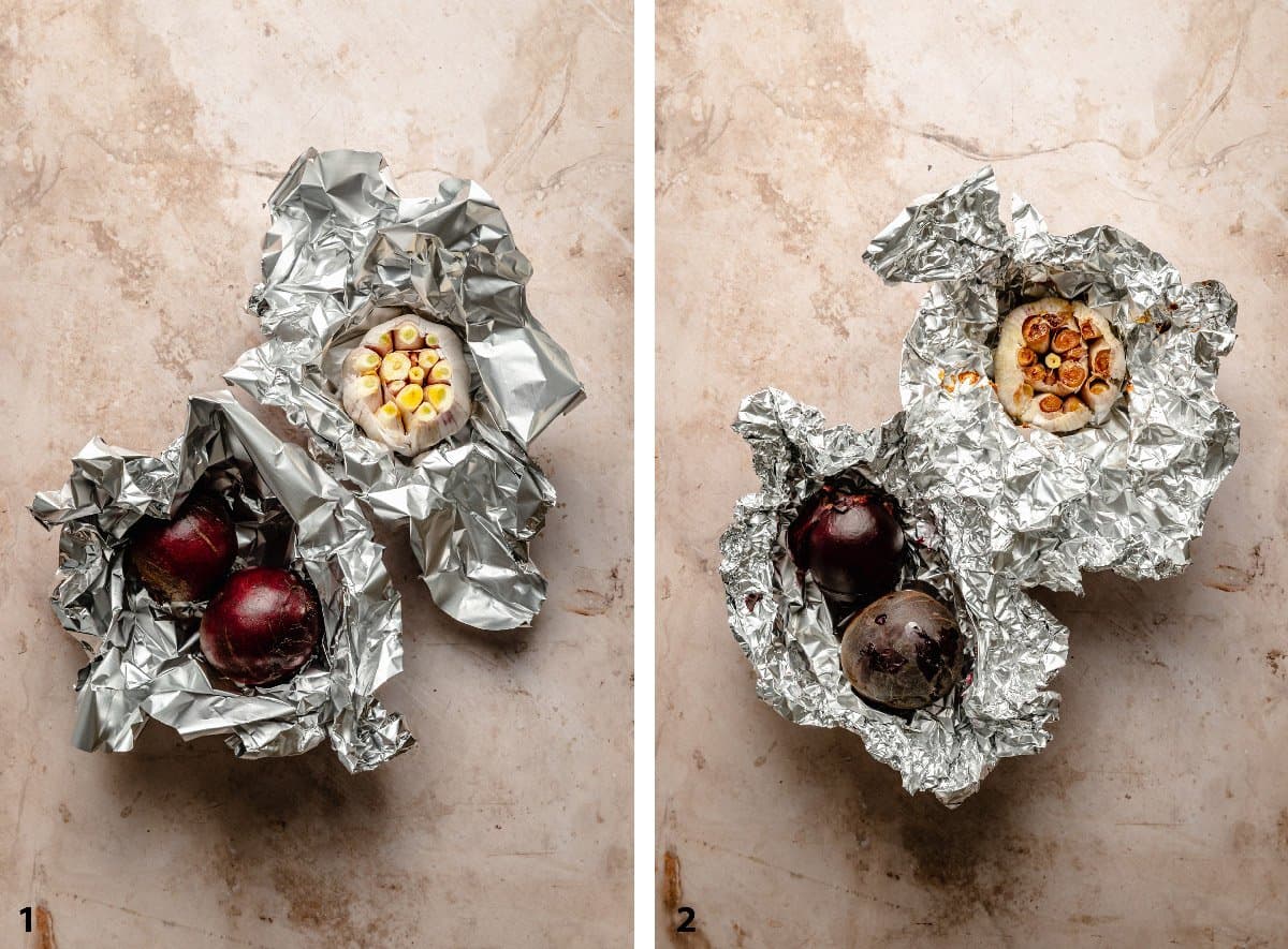 Pre and post roasted beetroot and garlic in foil nests.