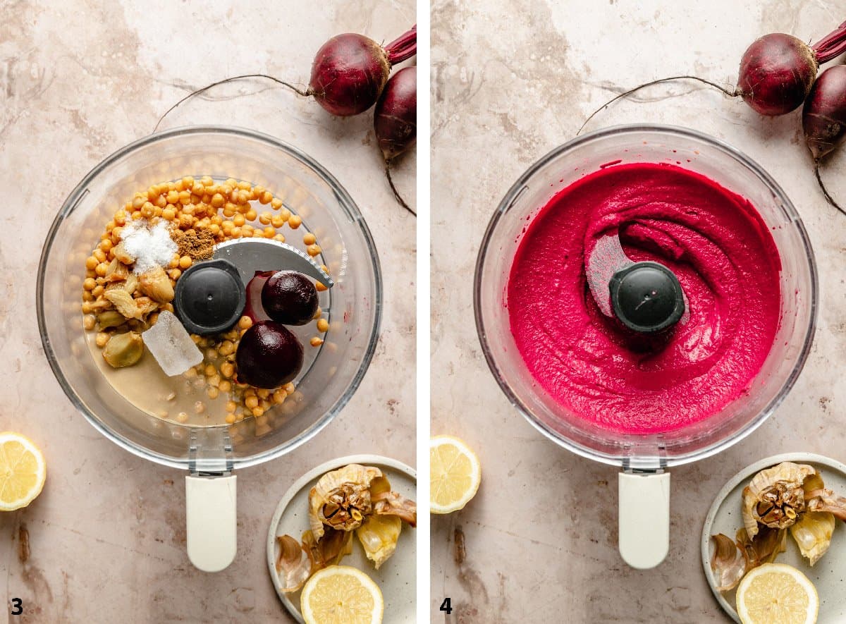 Ingredients in food processor bowl and beetroot hummus finished.