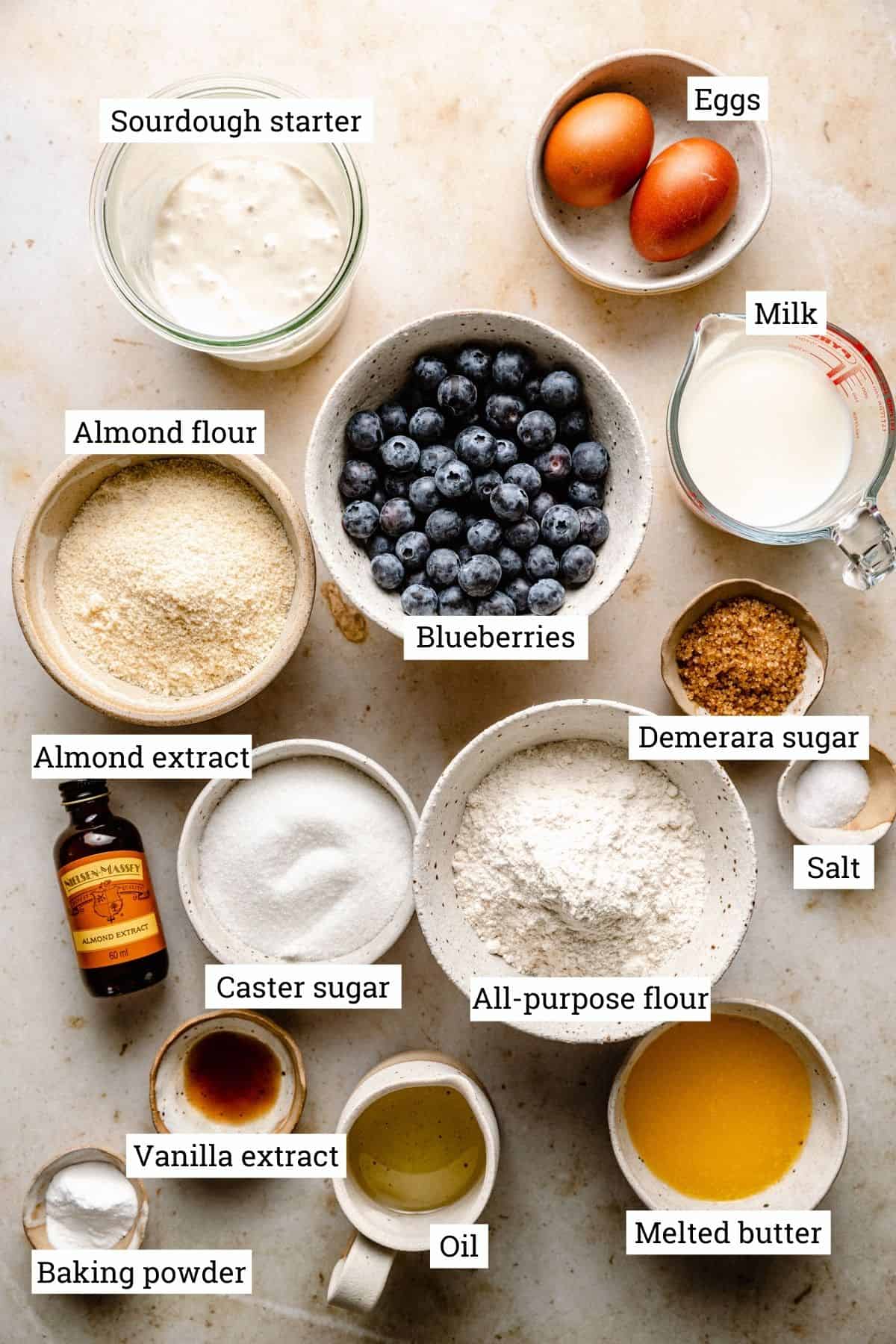Ingredients for muffins on a warm background with labels.