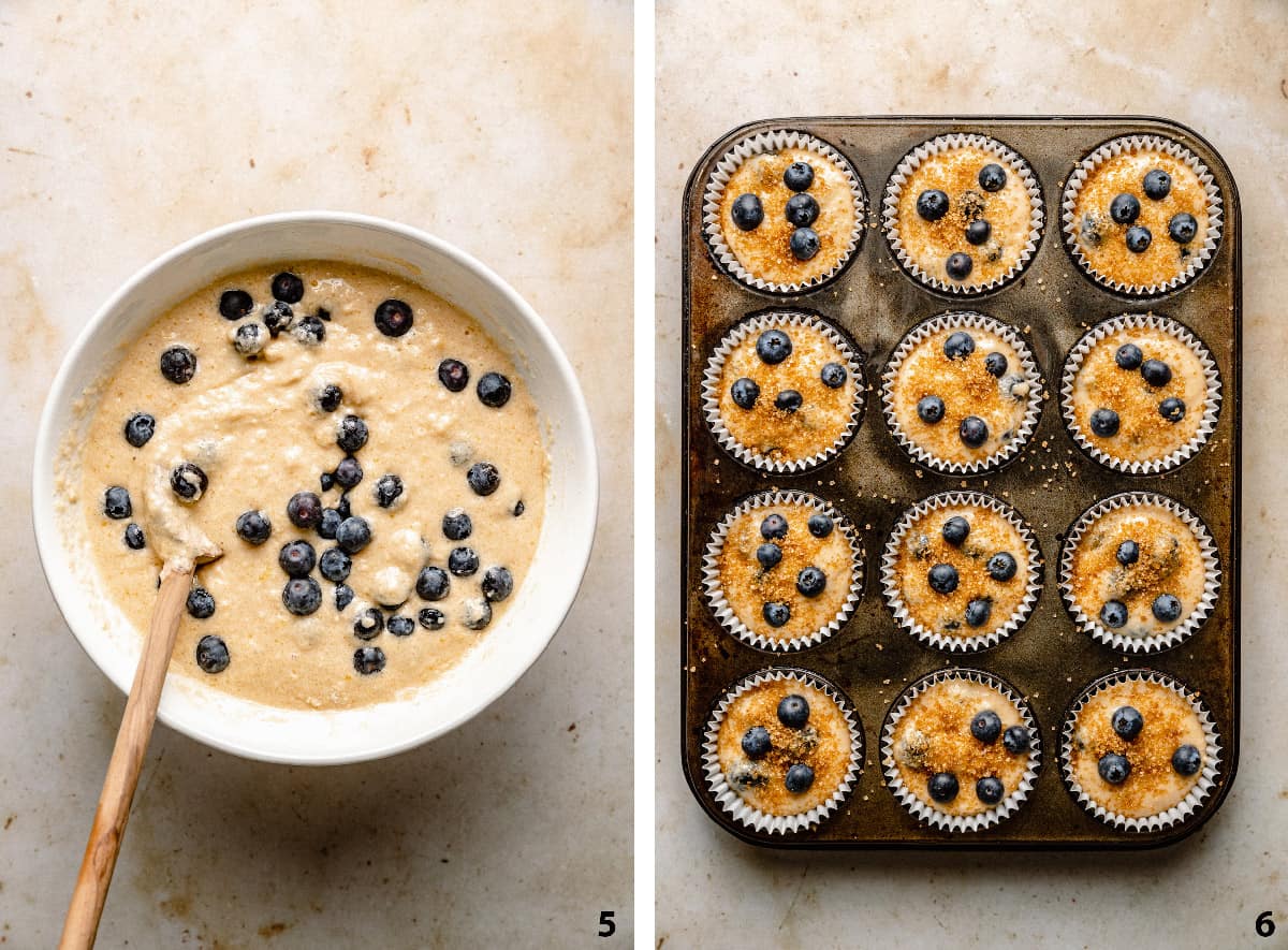 Process of mixing in blueberries in the batter and muffin batter in the muffin liners.