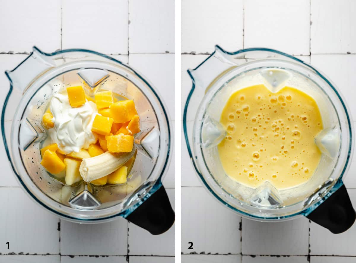 Process steps of blending a smoothie in a blender jug.