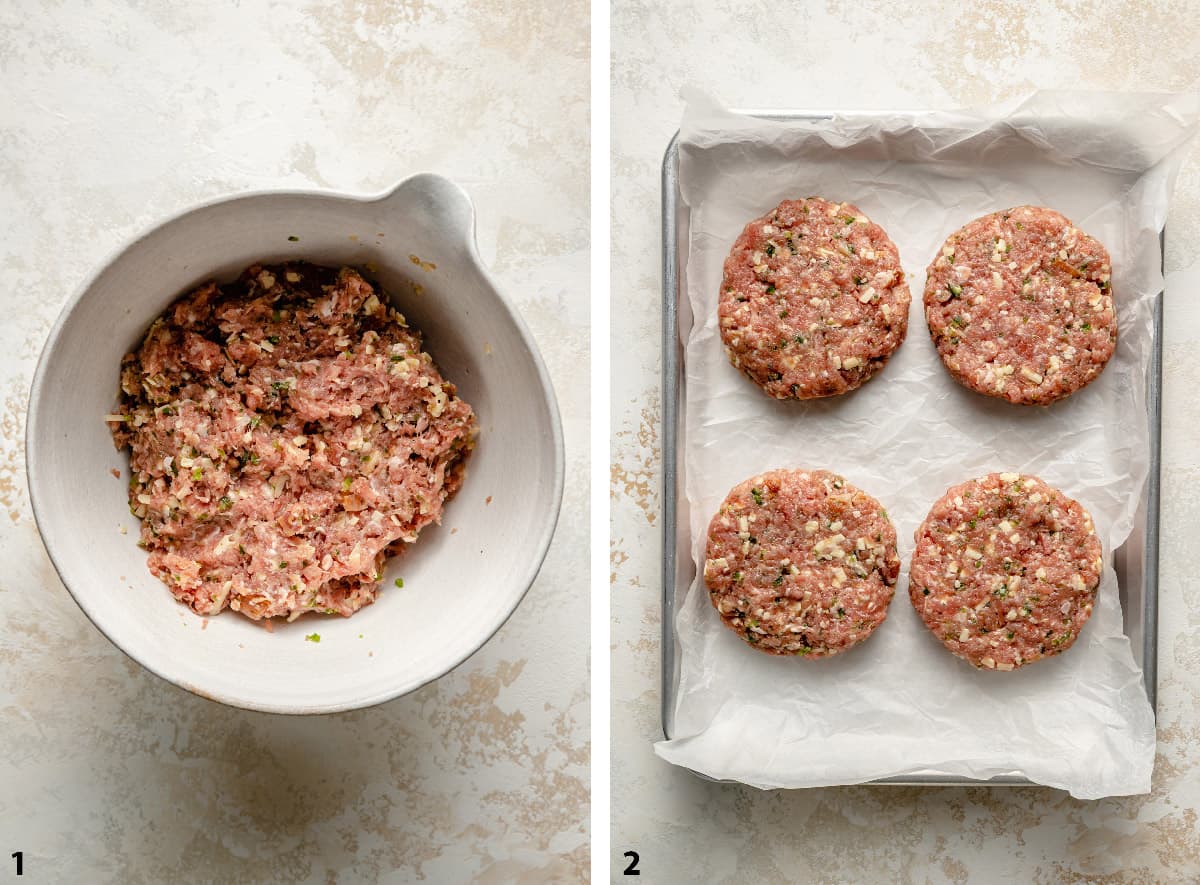 Process steps of the turkey burger mix in a bowl and patties on a baking sheet.