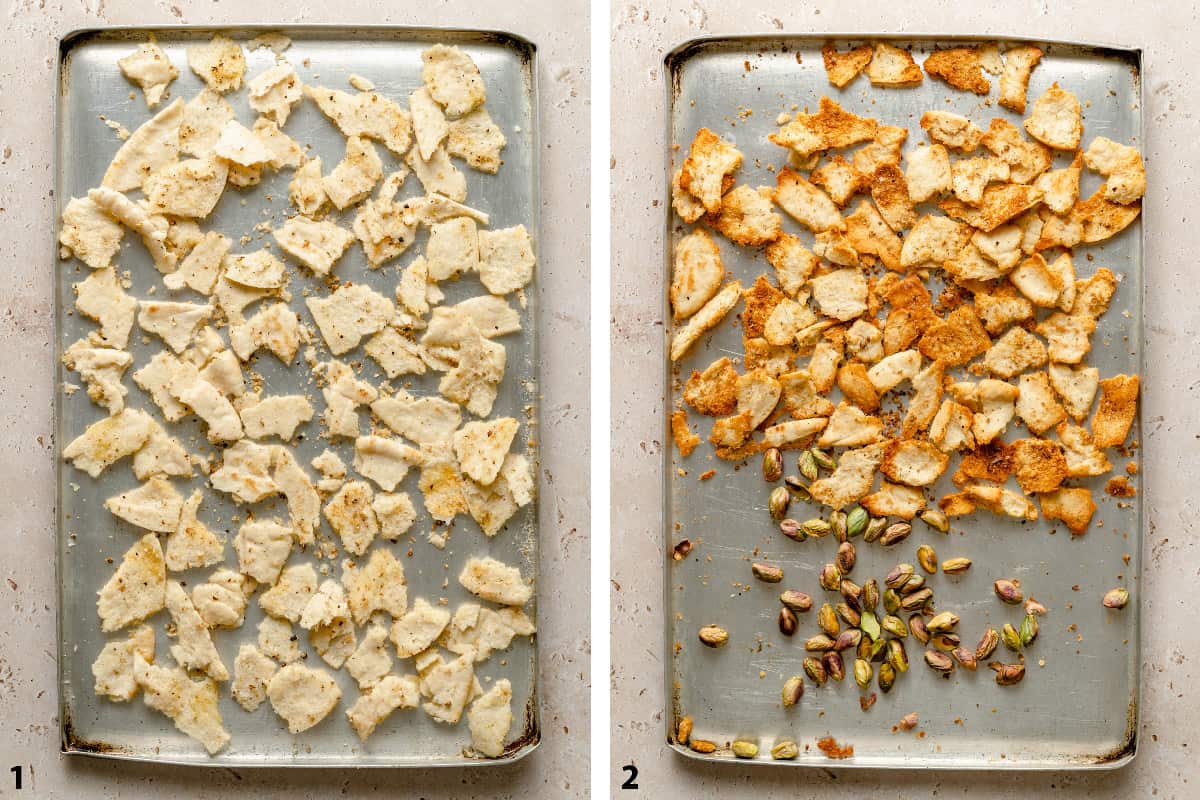 Process steps of pre and post baked pita chips on a baking sheet.
