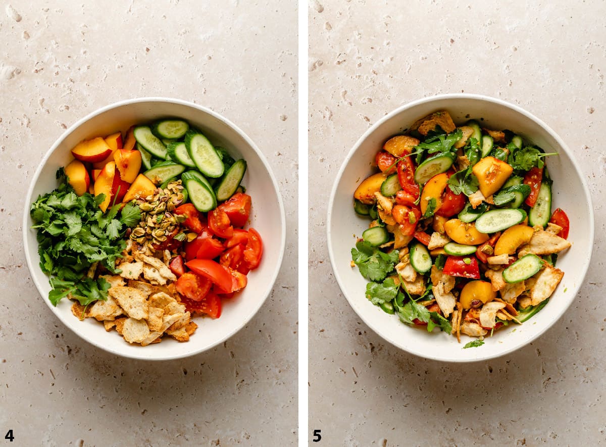 Pre and post dressing of the nectarine salad in a bowl.