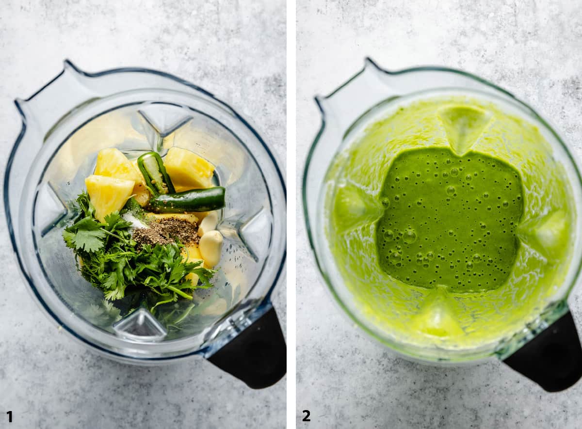 Process of pre and post blending the marinade in a blender jug.