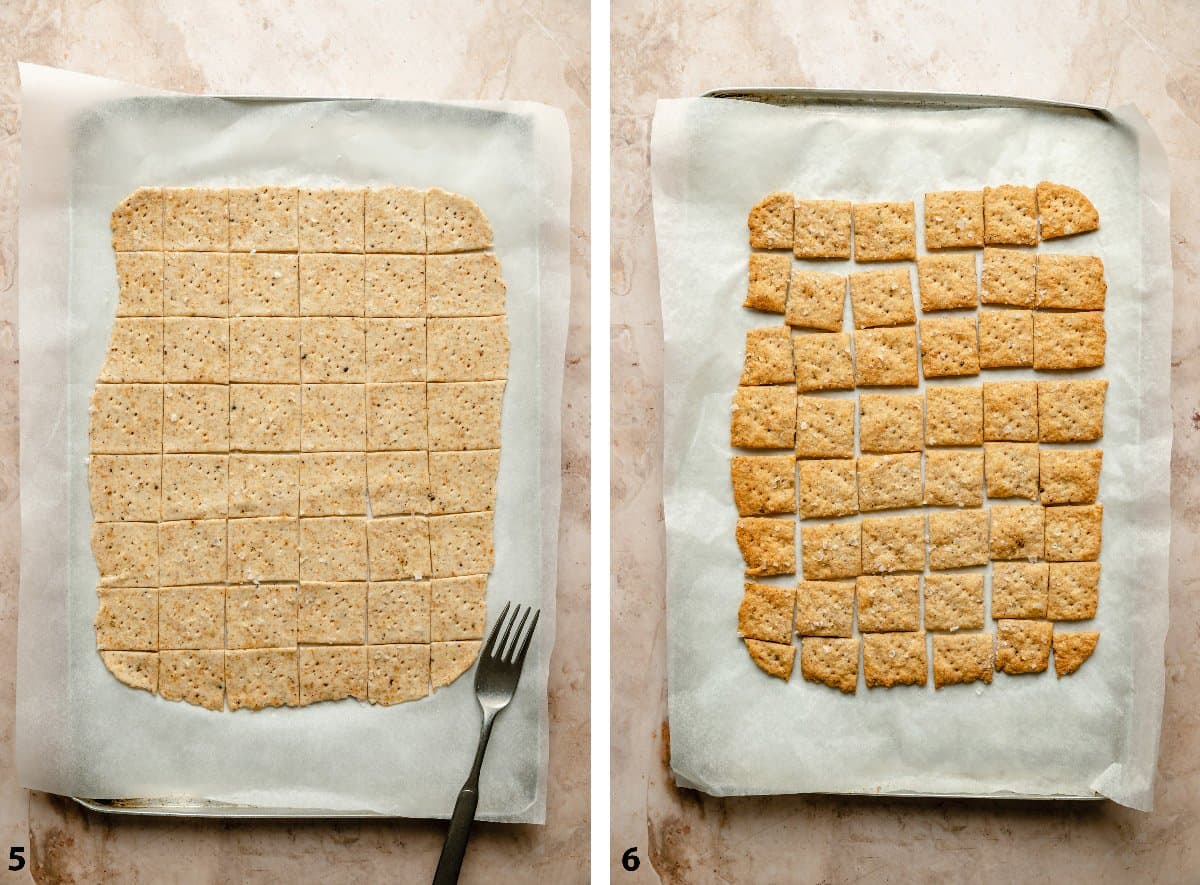 Process steps of cracker dough cut on tray and baked crackers. 