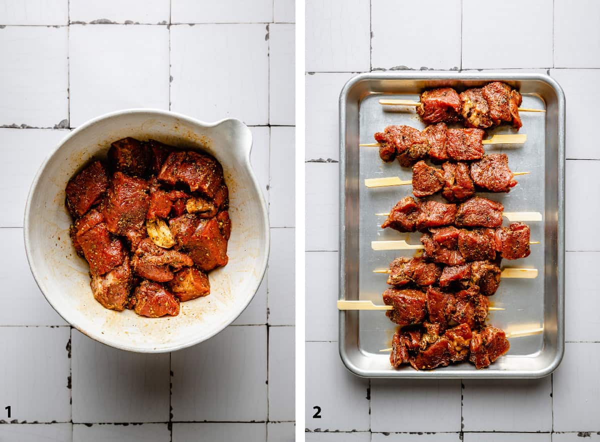 Process of marinating lamb and skewering them.