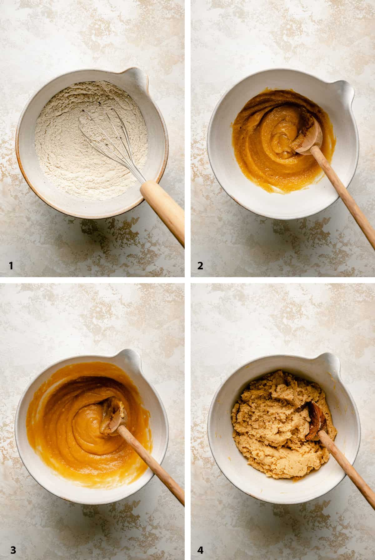Process steps of creating the cookie dough in a bowl with a spoon.