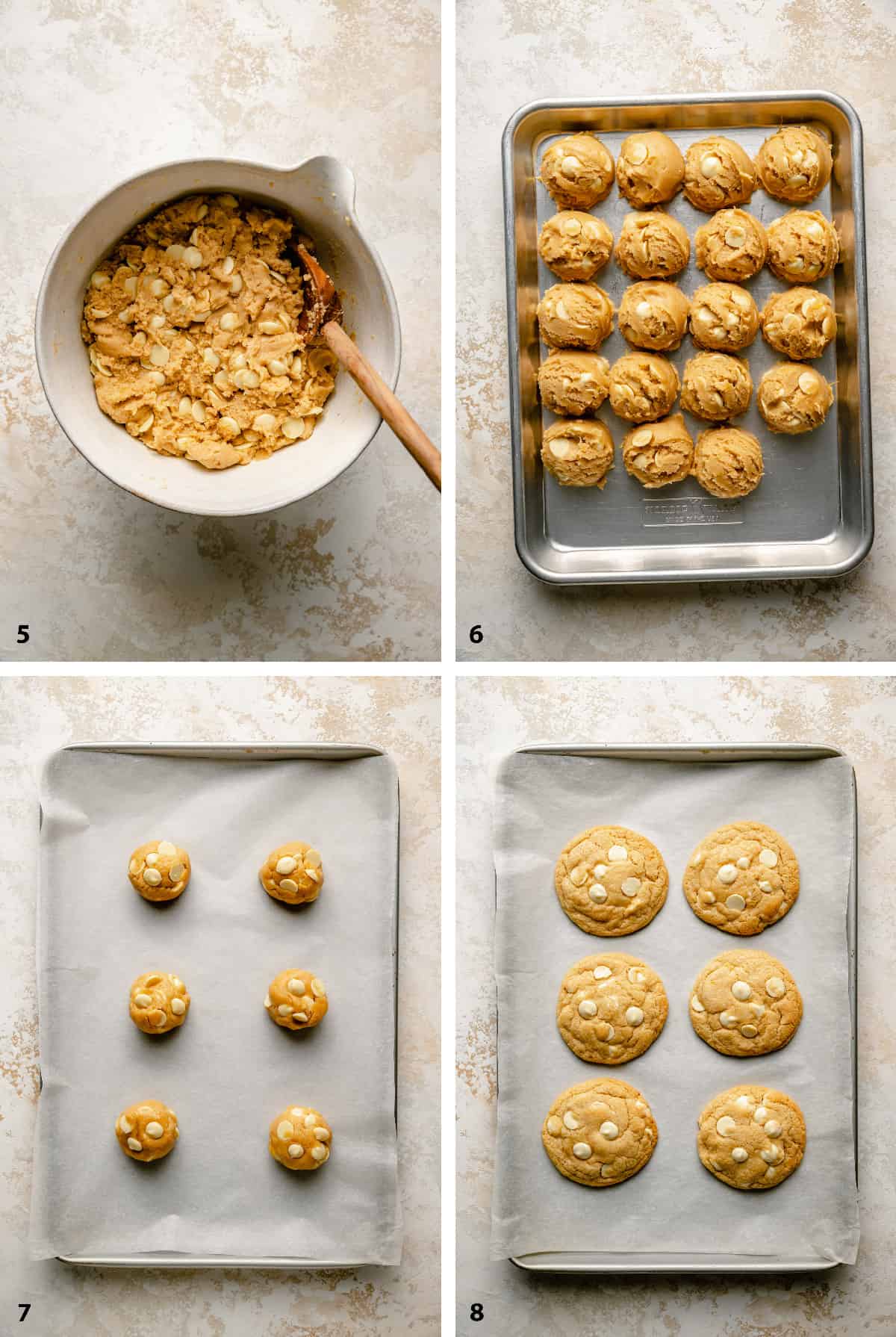 Process steps of cookie dough with chocolate chips, scooped and baked on baking sheet.