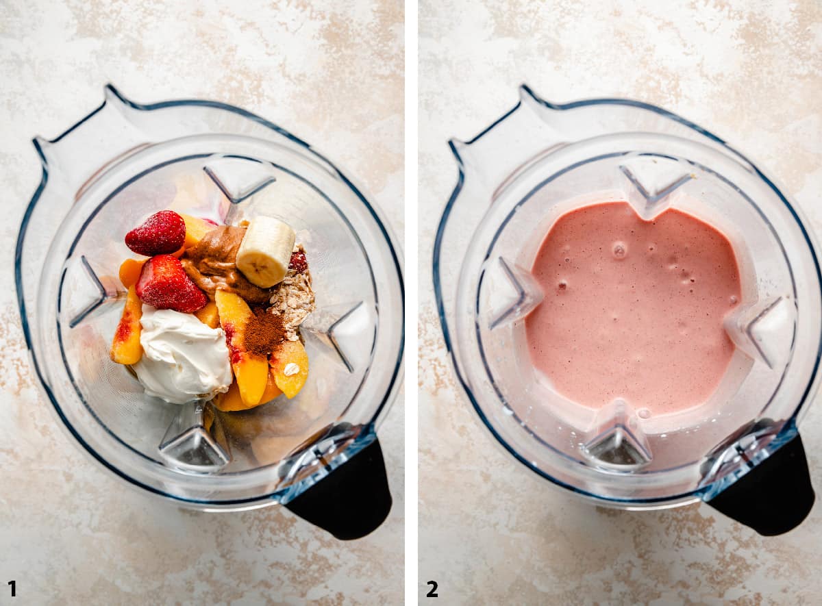 Process steps of pre and post blending the smoothie ingredients in a blender jug.