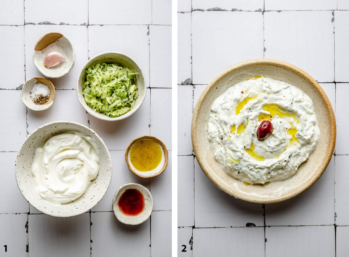 Process steps of tzatziki ingredients and mixed together. 