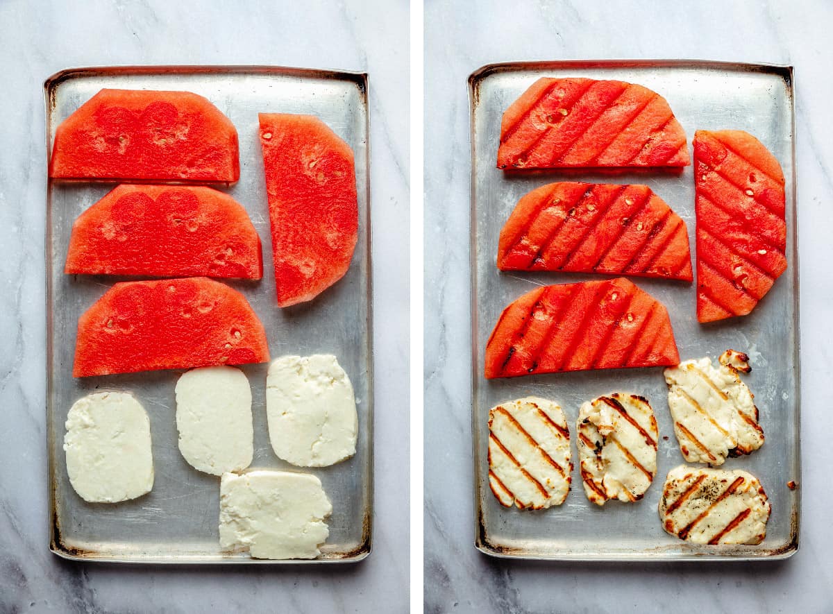 Before and after grilling the watermelon and halloumi on a baking sheet.
