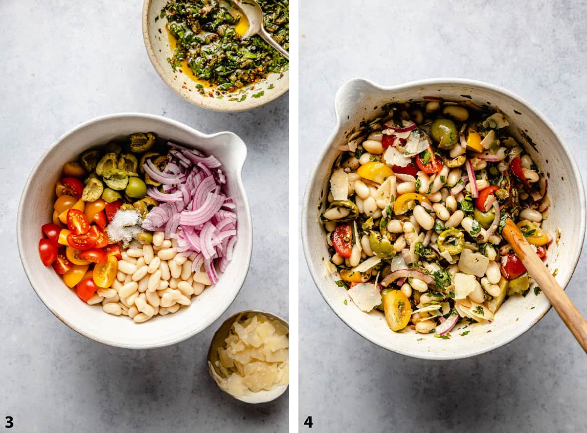 A bowl of salad ingredients unmixed and the final white bean salad mixed with salsa with a wooden spoon.