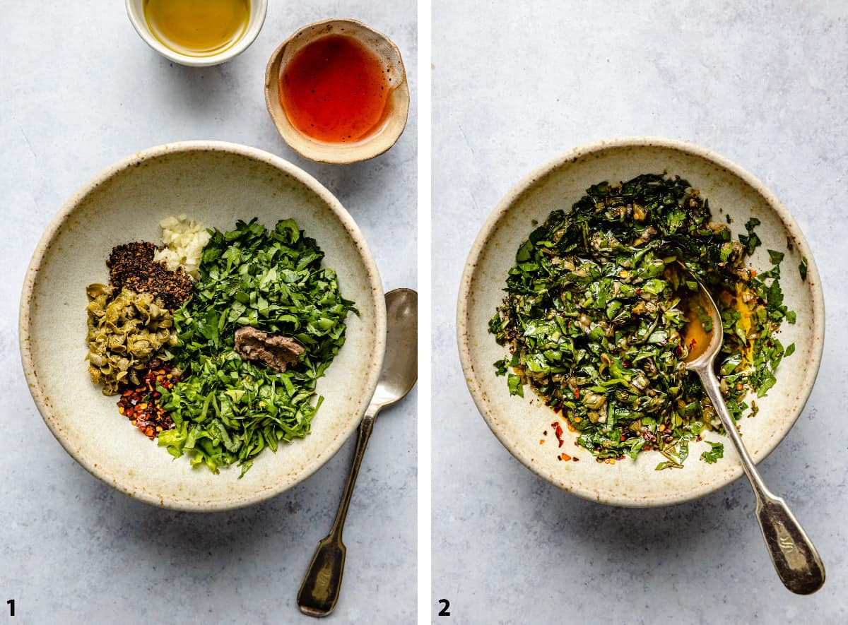 Ingredients in bowl for the salsa verde and the final salsa mixed together with a spoon.