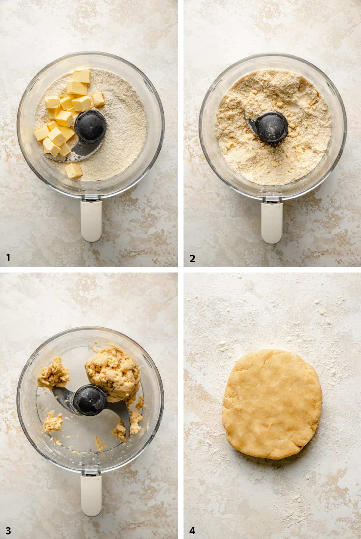Steps of making the almond pastry in a food processor and then formed on a surface.