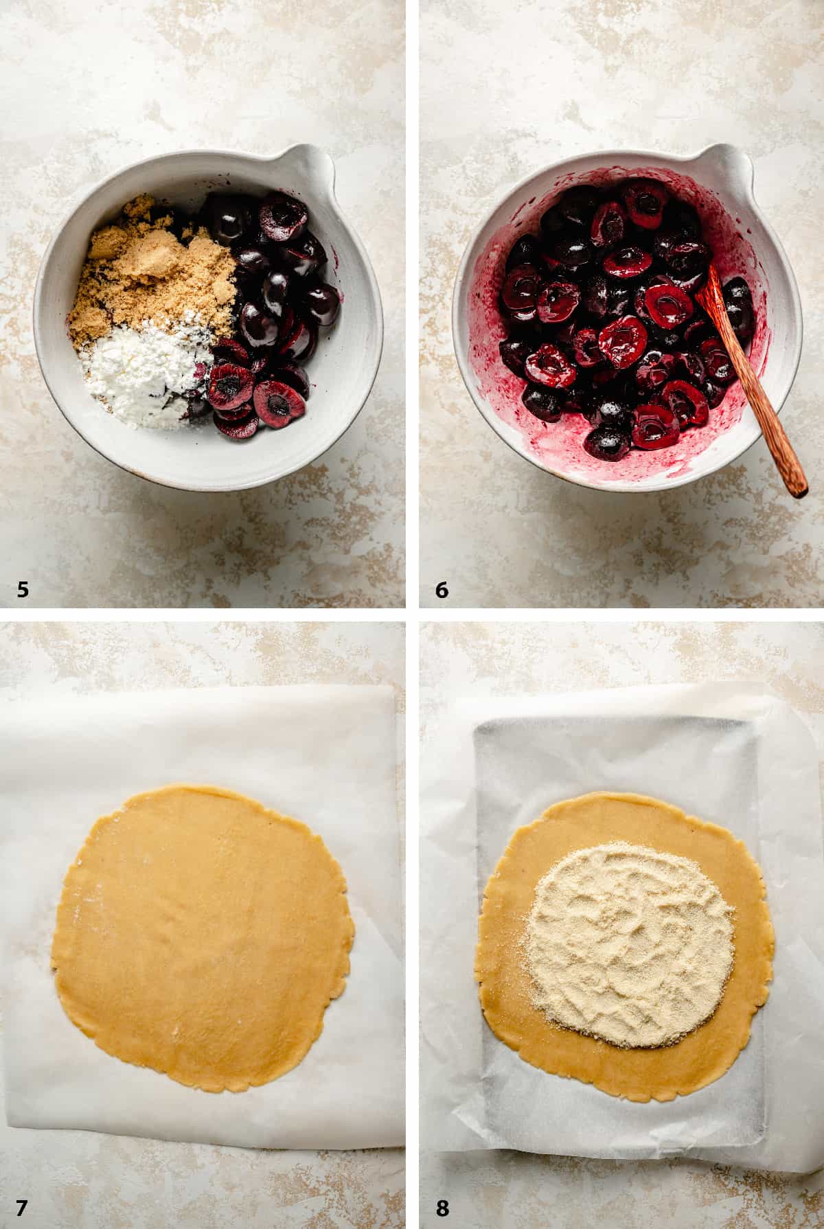 Steps of making the cherry filling in a bowl, rolling out pastry and almond flour on the pastry base.