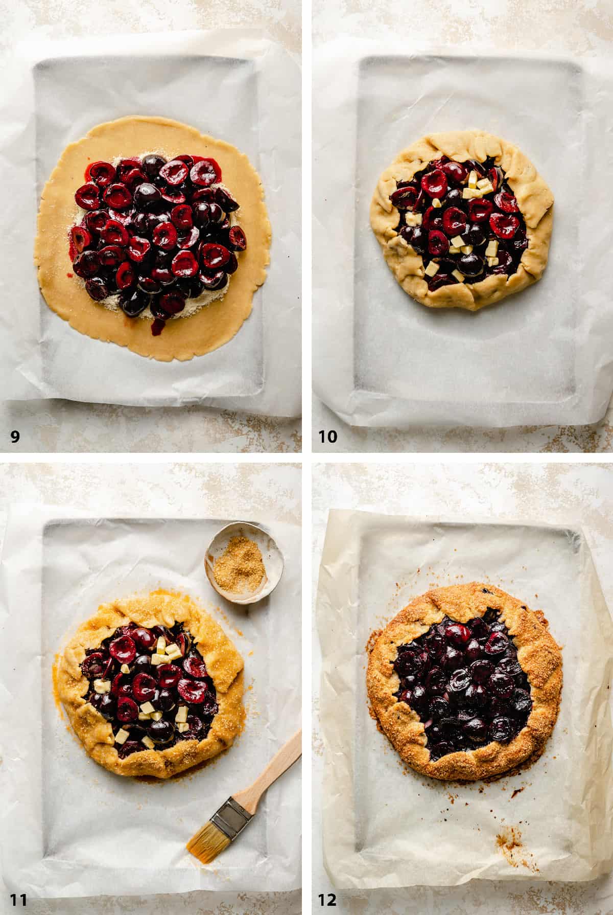 Steps of adding the cherry filling, topping with butter, glazing and sugaring and baked galette.