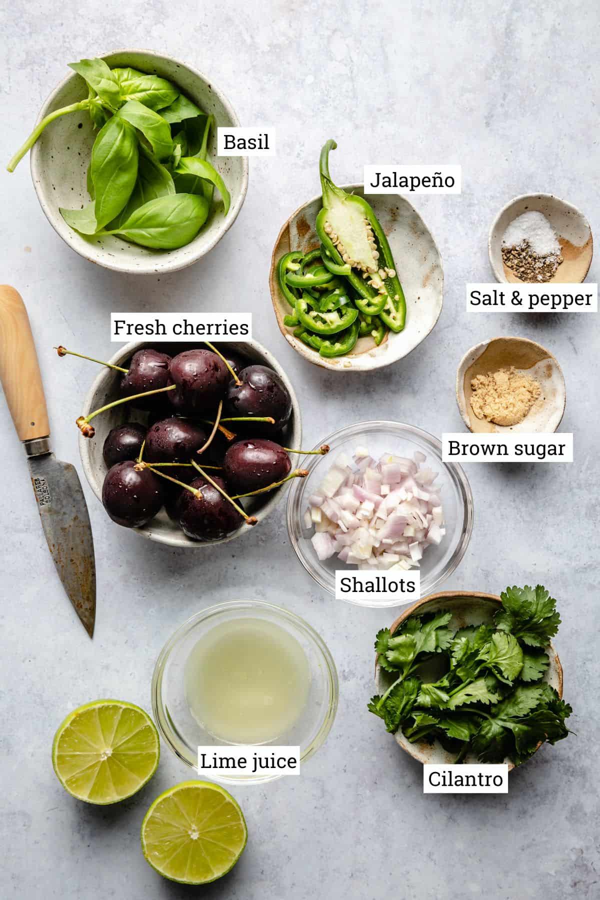 Ingredients in various bowls to make cherry salsa, labelled.