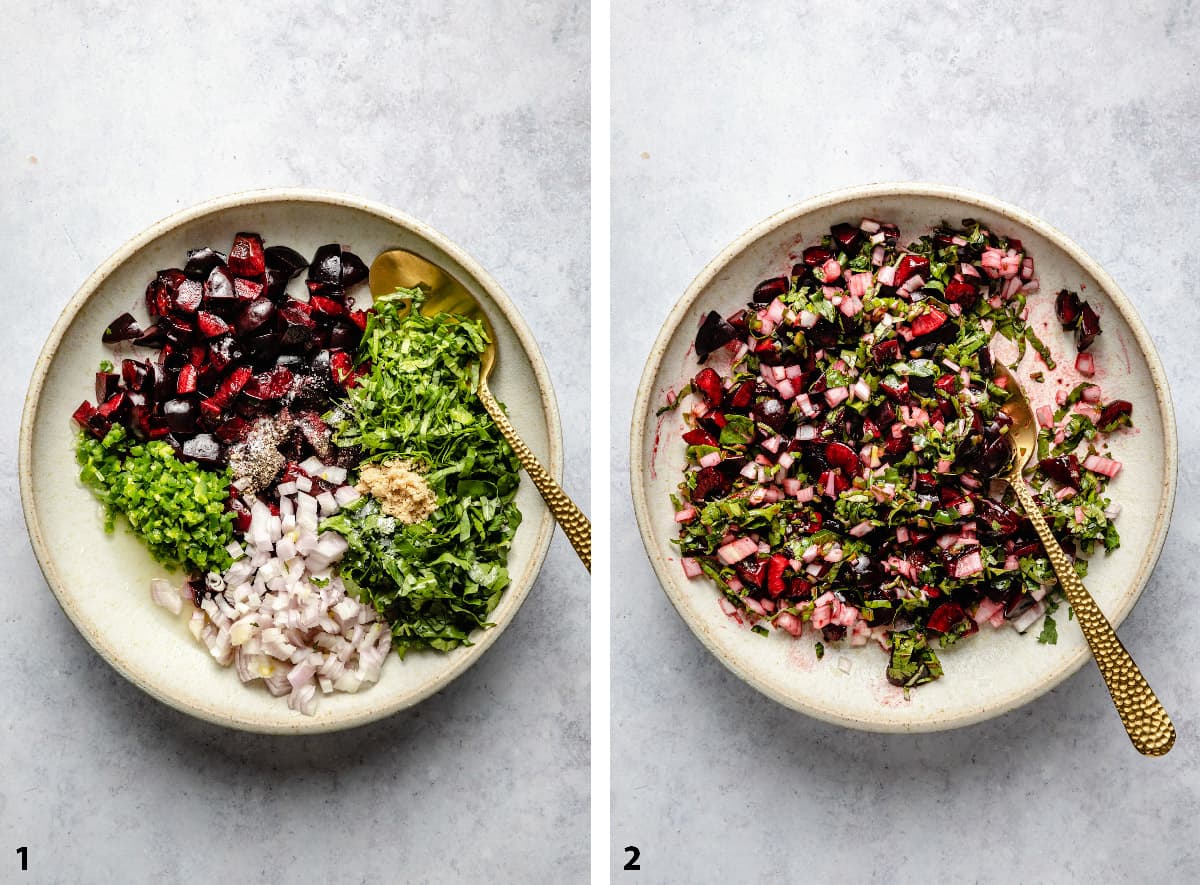 Before and after mixing the ingredients together in a bowl with a spoon.