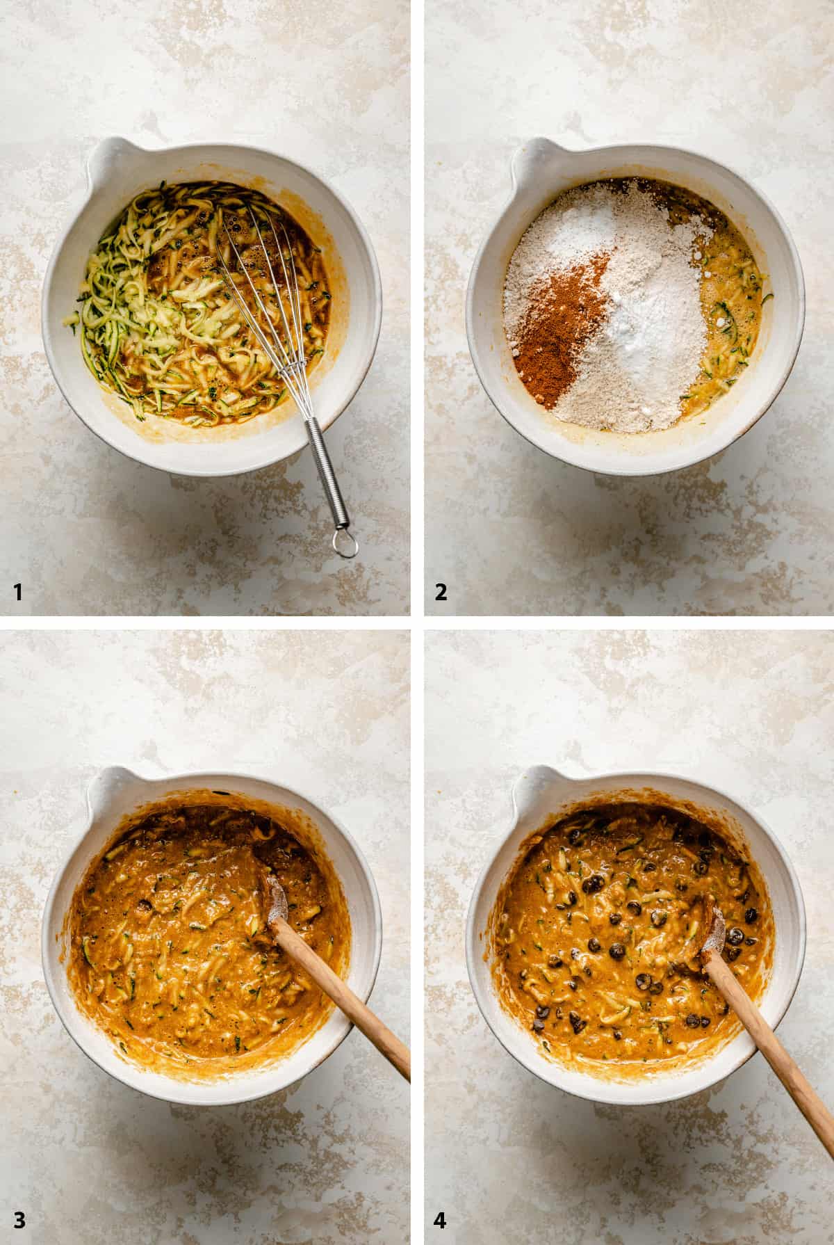 Process of creating the zucchini bread batter in a bowl with a wooden spoon.