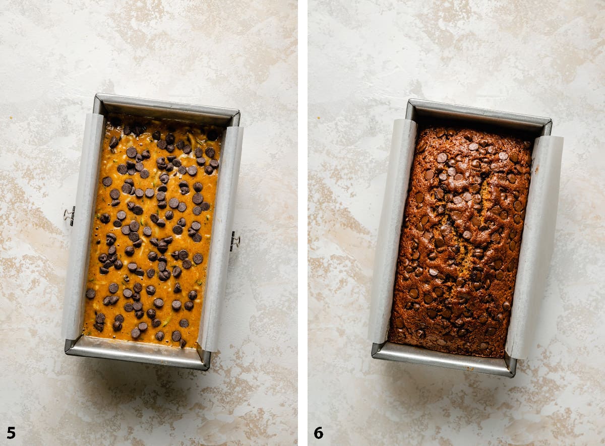 Pre and post baked chocolate chip zucchini bread in a loaf tin.