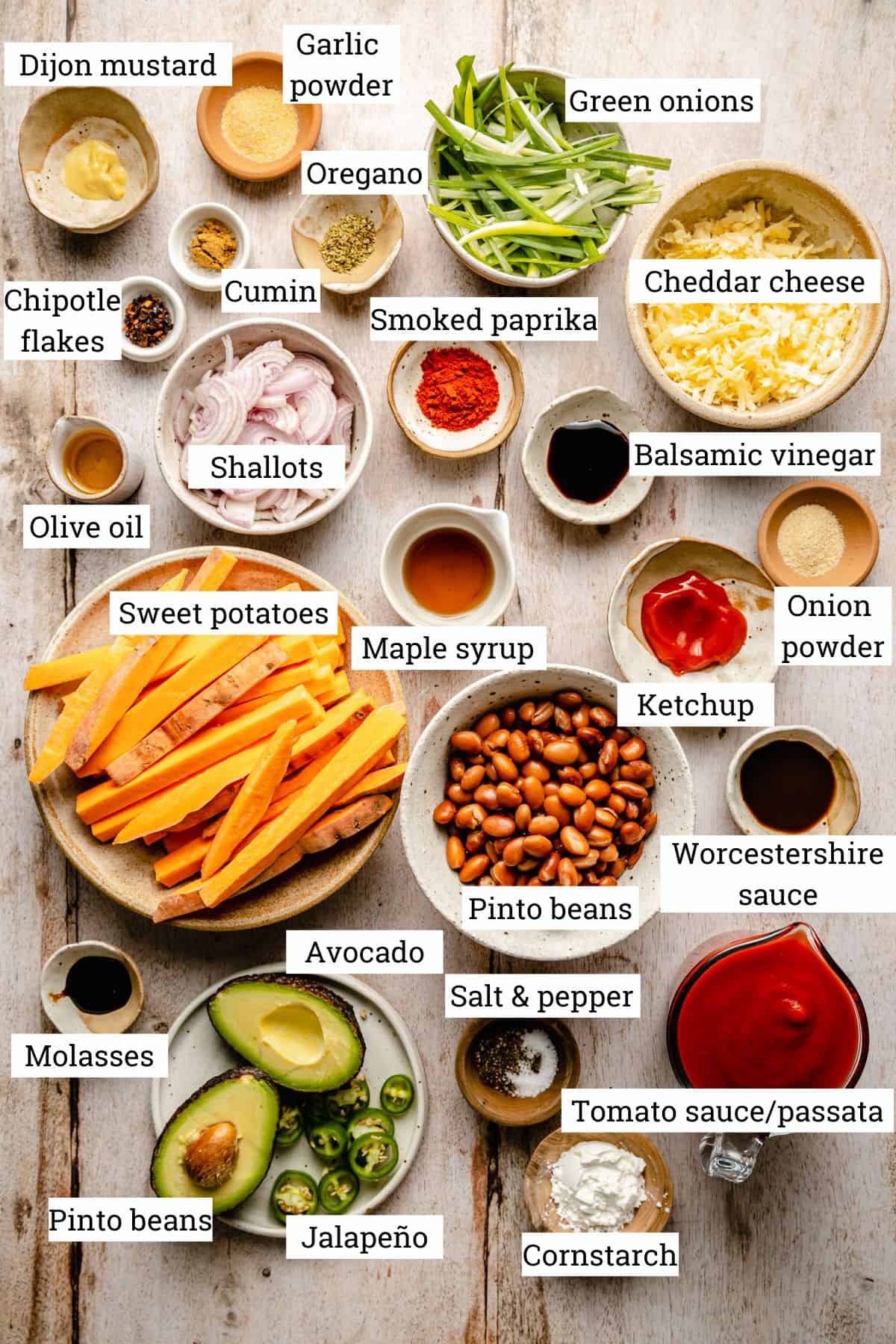 Various ingredients in bowls on a wooden table.