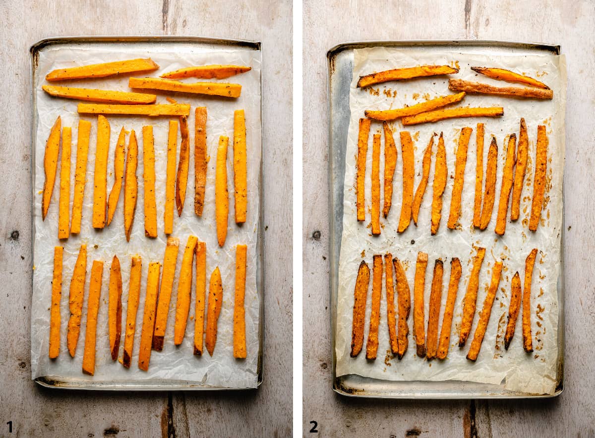 Before and after baking of sweet potato fries on a parchment lined baking sheet.