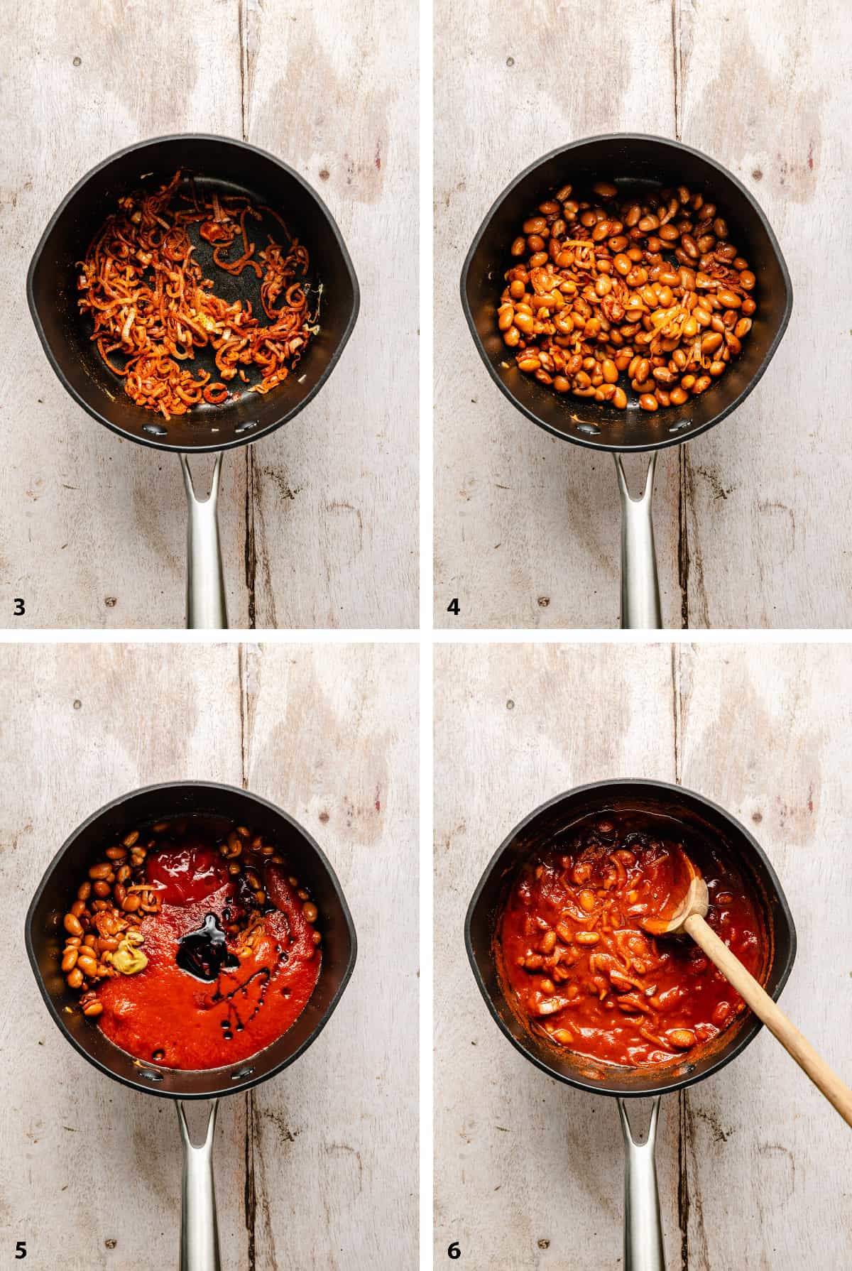 Process of creating the quick smoky beans in a saucepan with a spoon.