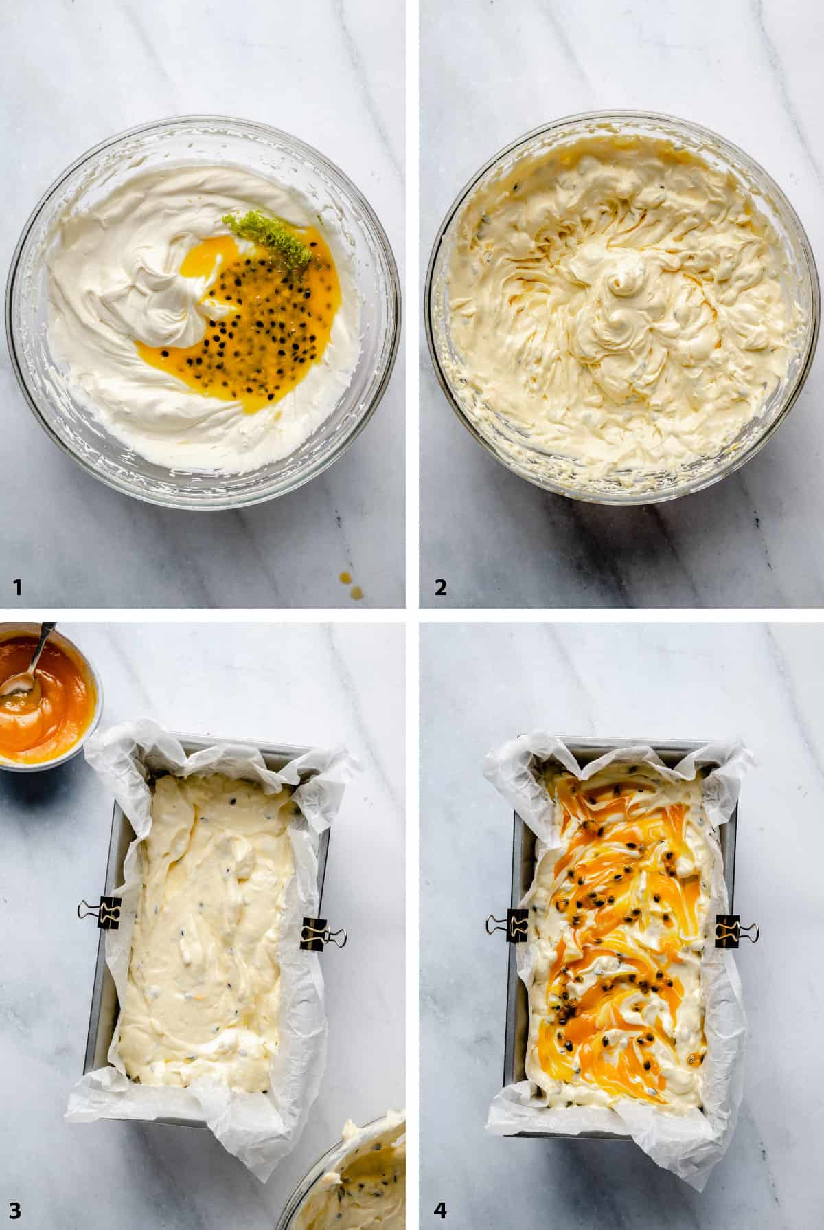 Process steps of creating the passion fruit ice cream base and it in a lined loaf pan.