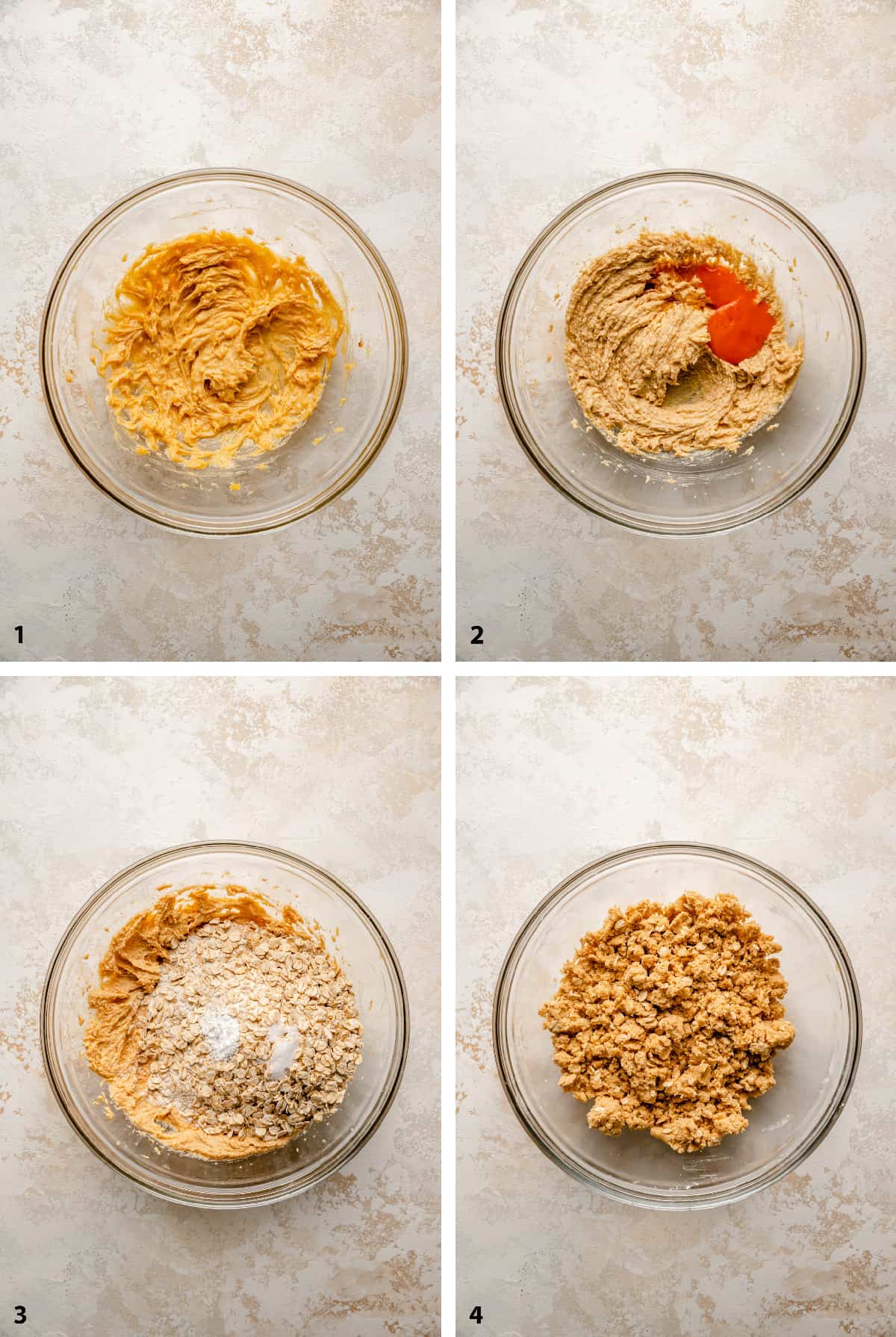 Steps showing the creaming of butter and sugar, adding in the dry ingredients to make crumble mix.