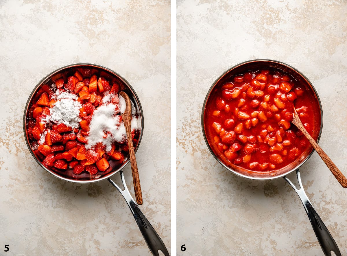 Strawberry filling ingredients in a pan with a spoon and cooked filling with a spoon.