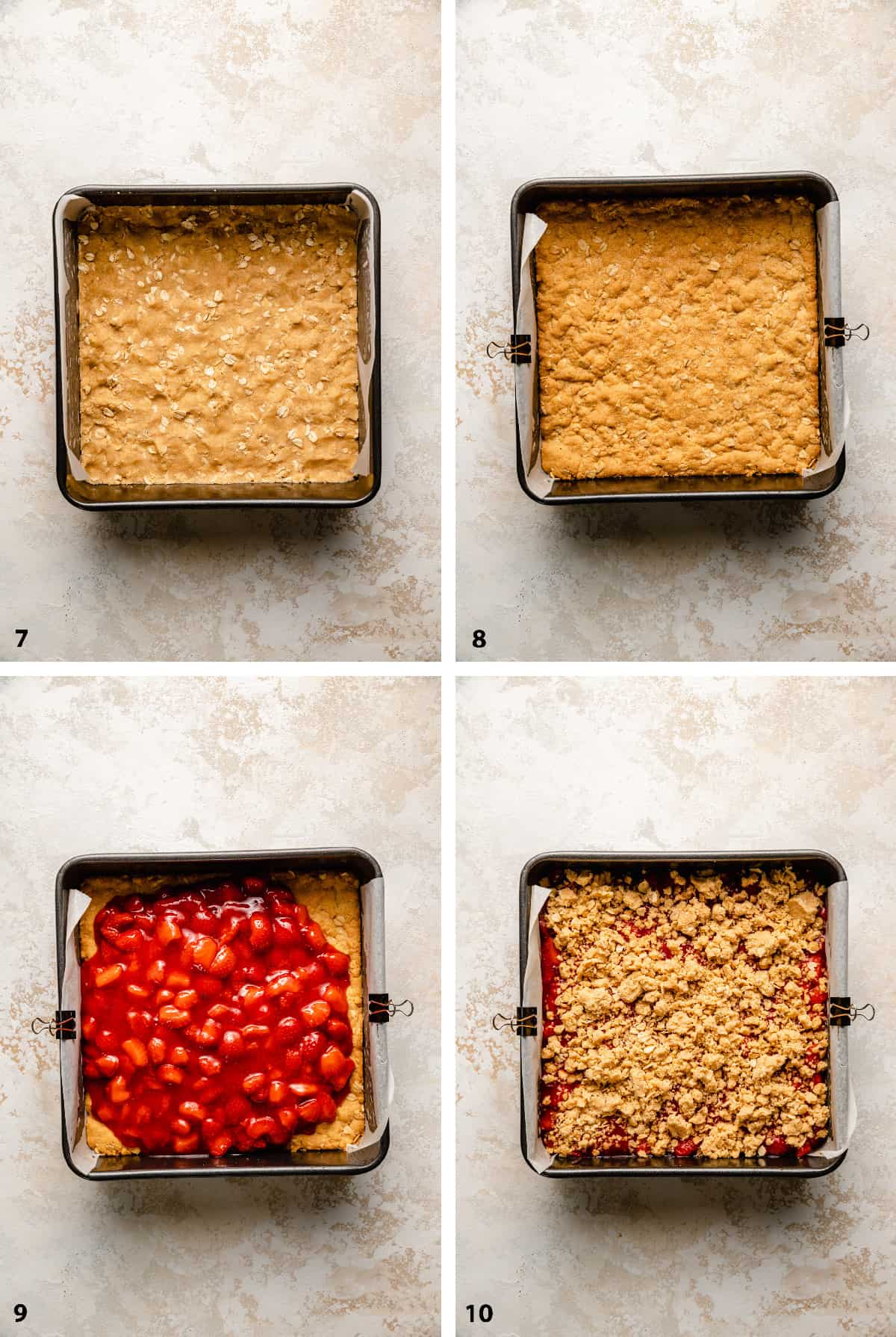 Steps of crumble base before and after baking and assembling the final strawberry bars before baking.