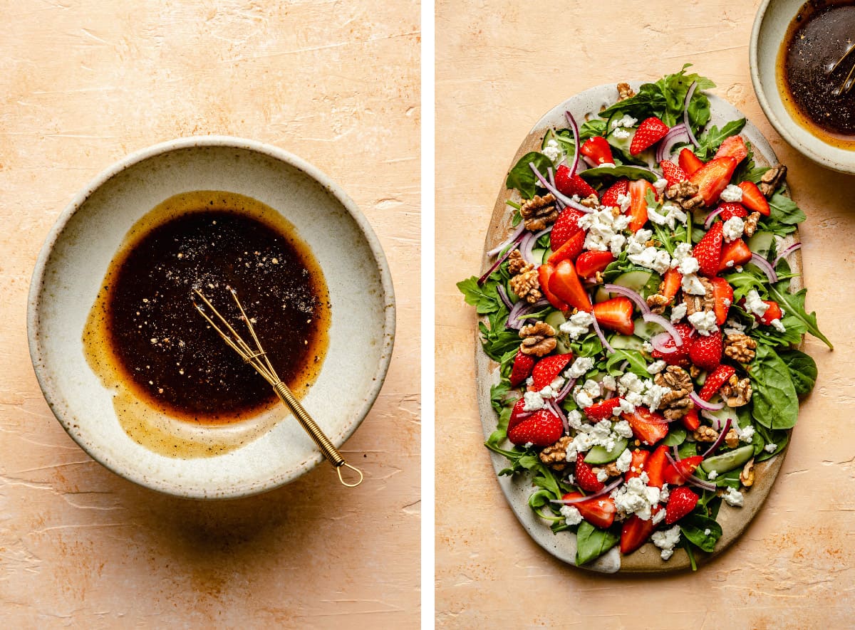 Process of balsamic dressing in a bowl with a whisk and a salad on a platter before being dressed.