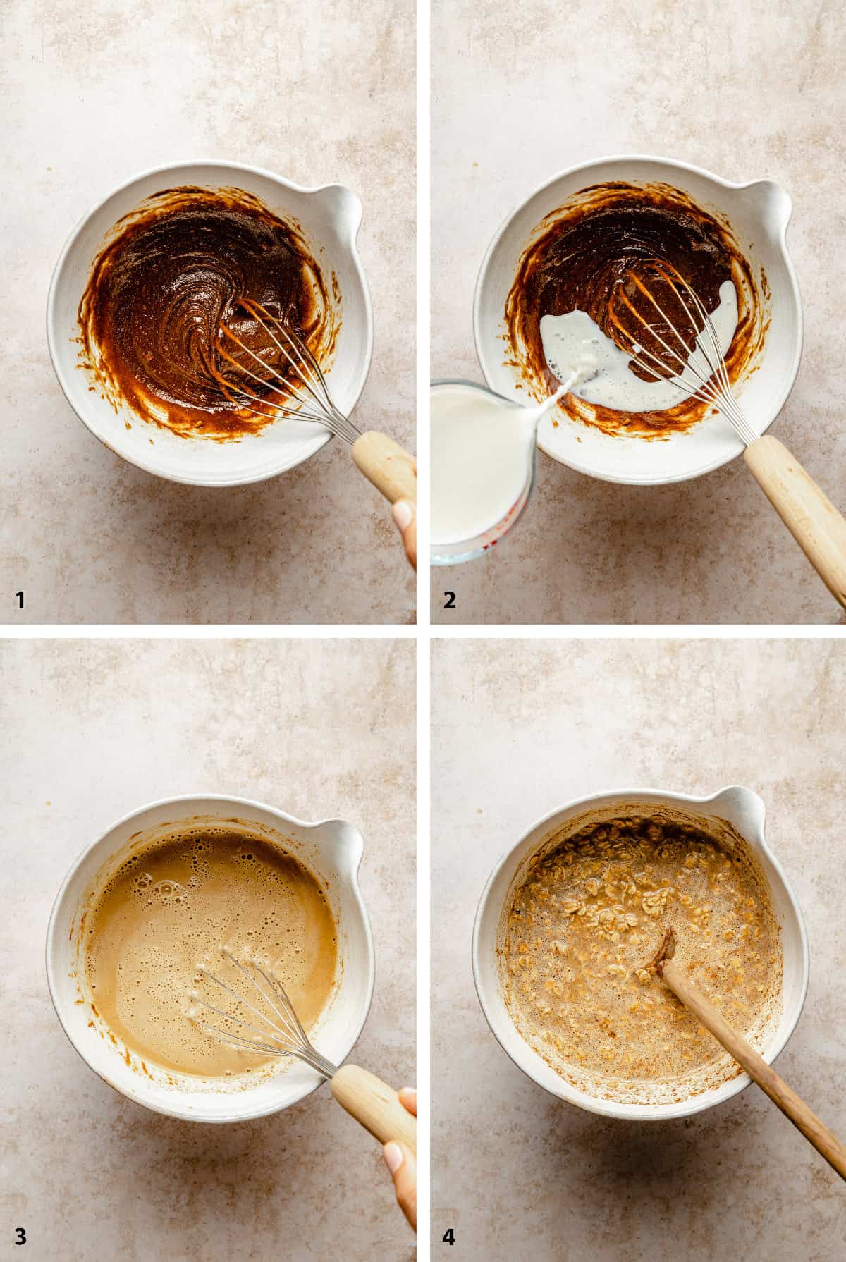 Process steps of mixing wet ingredients together and stirring in the oats and spices in a bowl.
