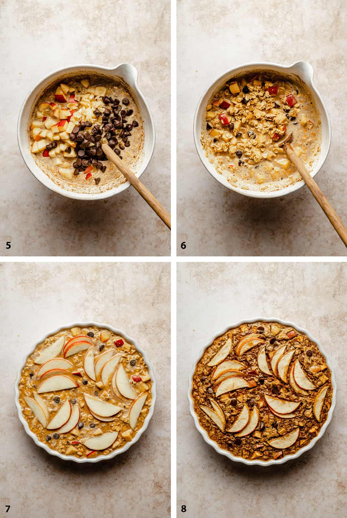Process steps of stirring in the mix-ins and pre and post baked in a baking dish.