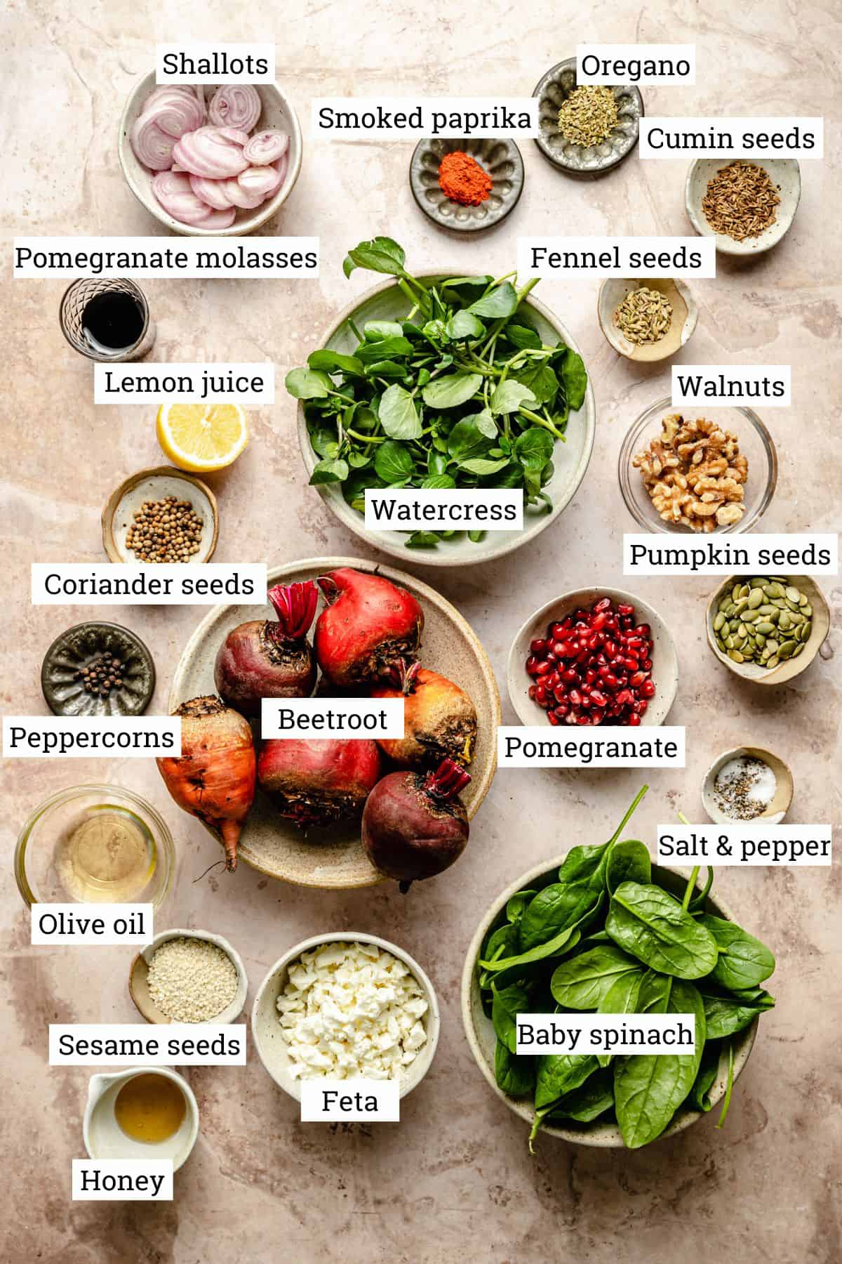 Ingredients for beetroot salad in various bowls with labels.