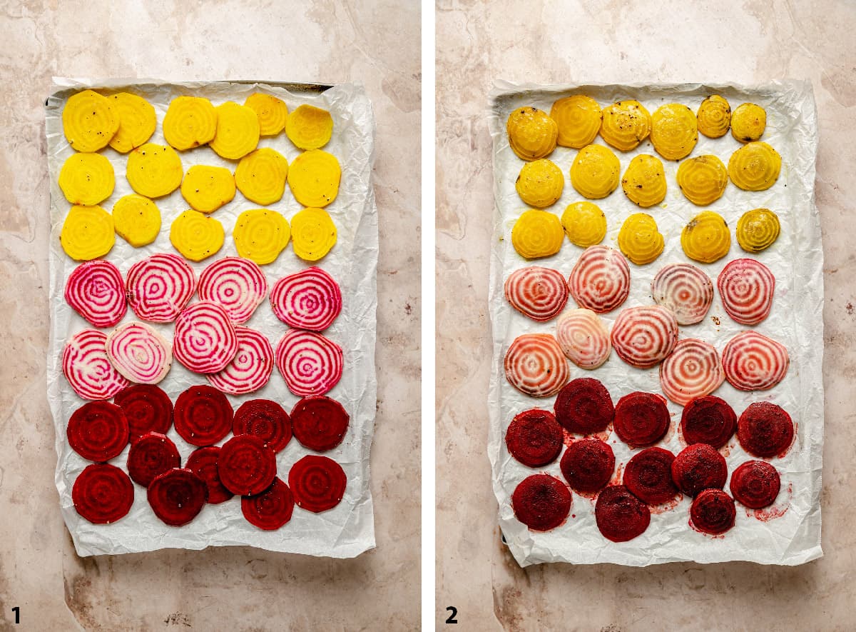 Pre and post beetroot slices on a baking sheet lined with parchment.