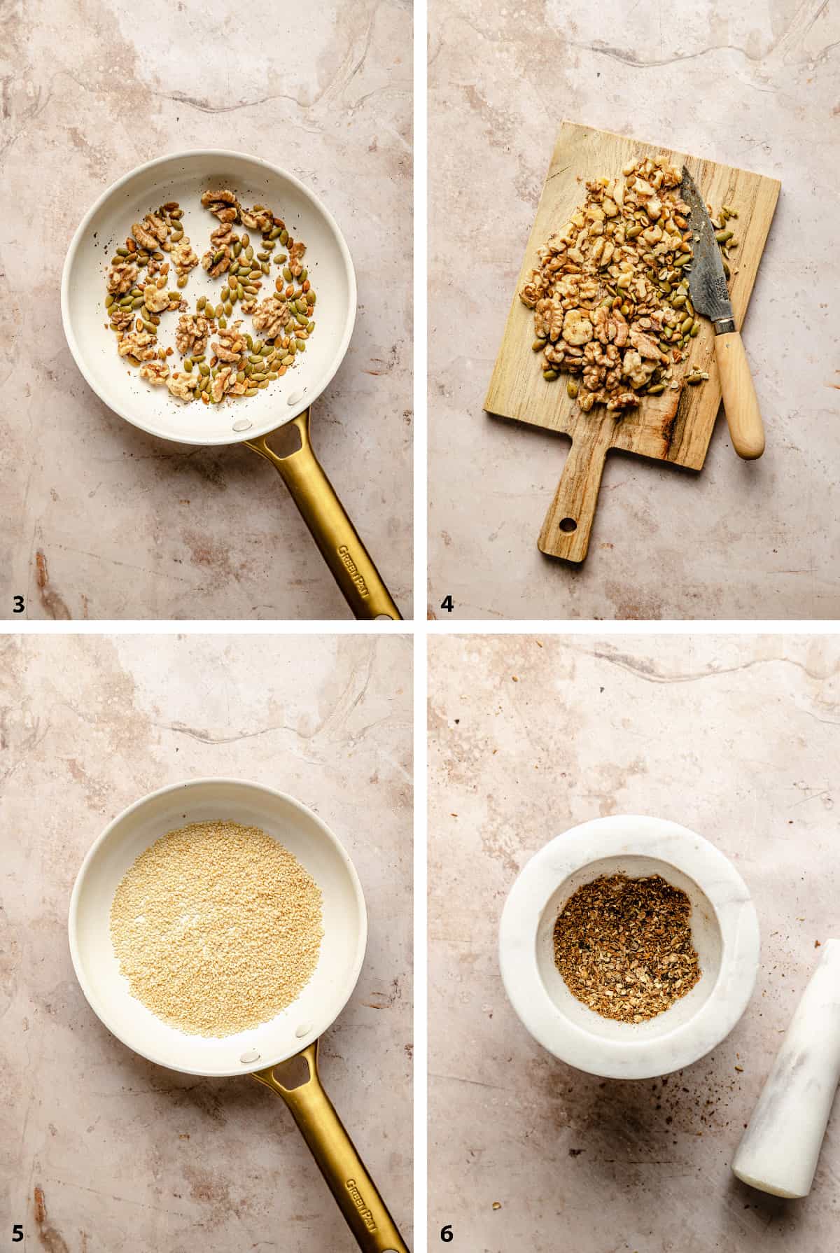 Process steps of toasting seeds and nuts and spices for dukkah.