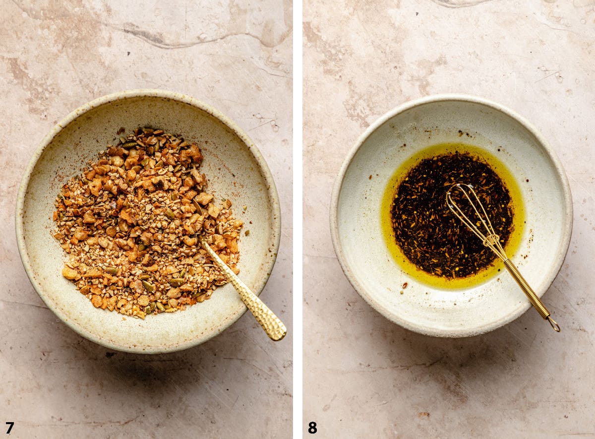 A bowl of dukkah and salad dressing with a whisk.
