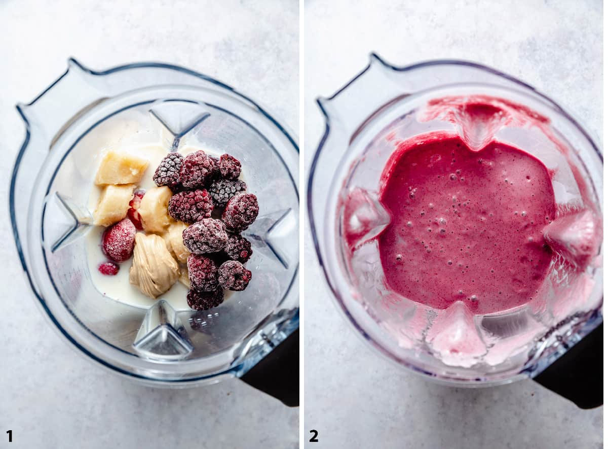 Pre and post blended smoothie in a blender jug.