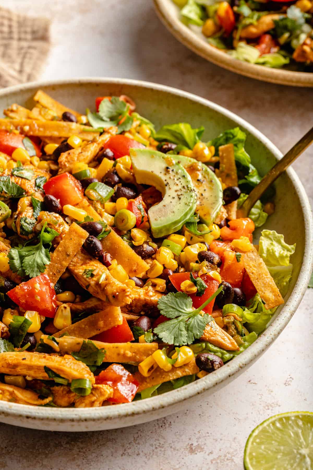 Close up of the chicken tostada salad in a bowl with a fork and a bowl in the background.