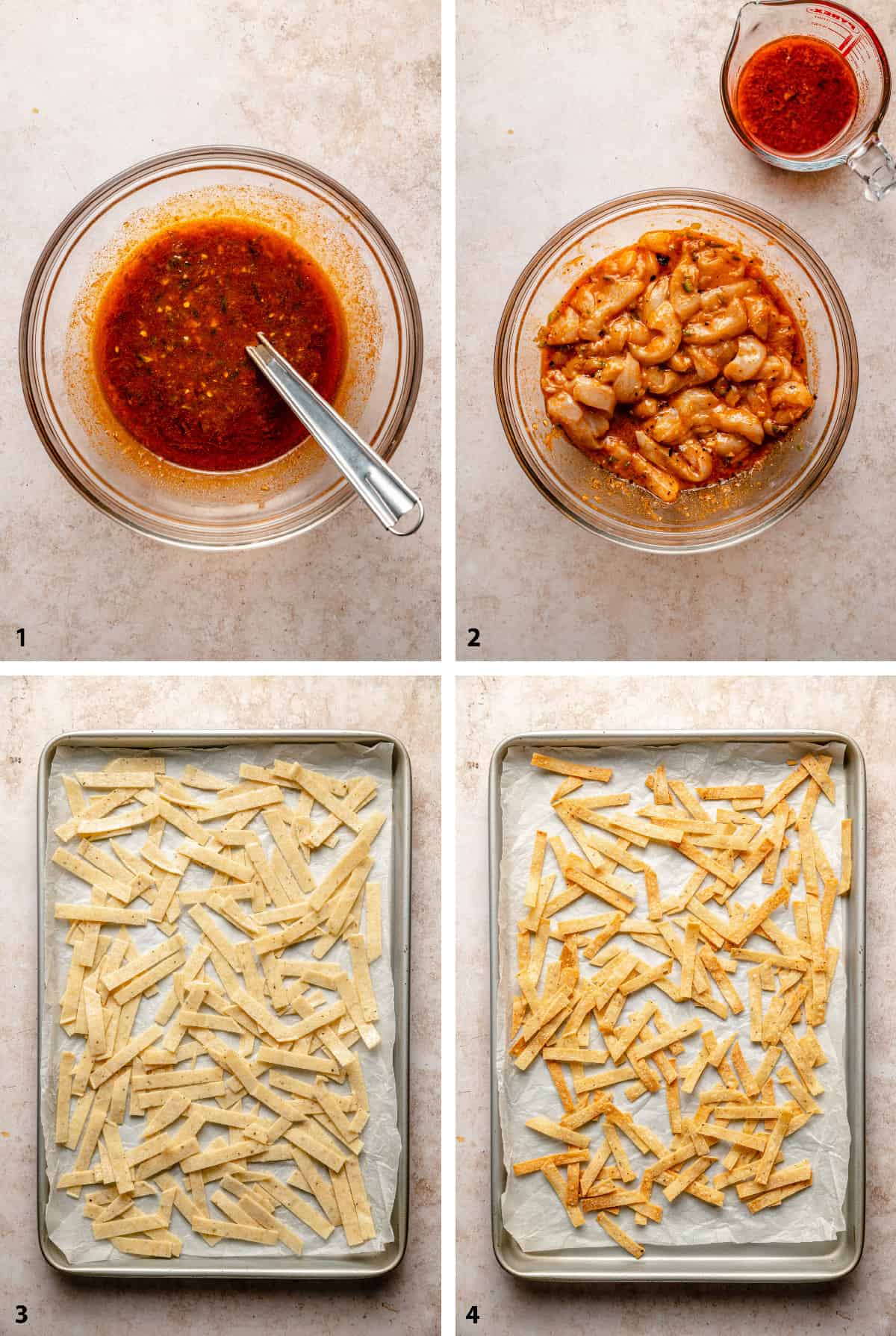 process of making the dressing, marinading the chicken and pre and post baking corn tortilla strips.