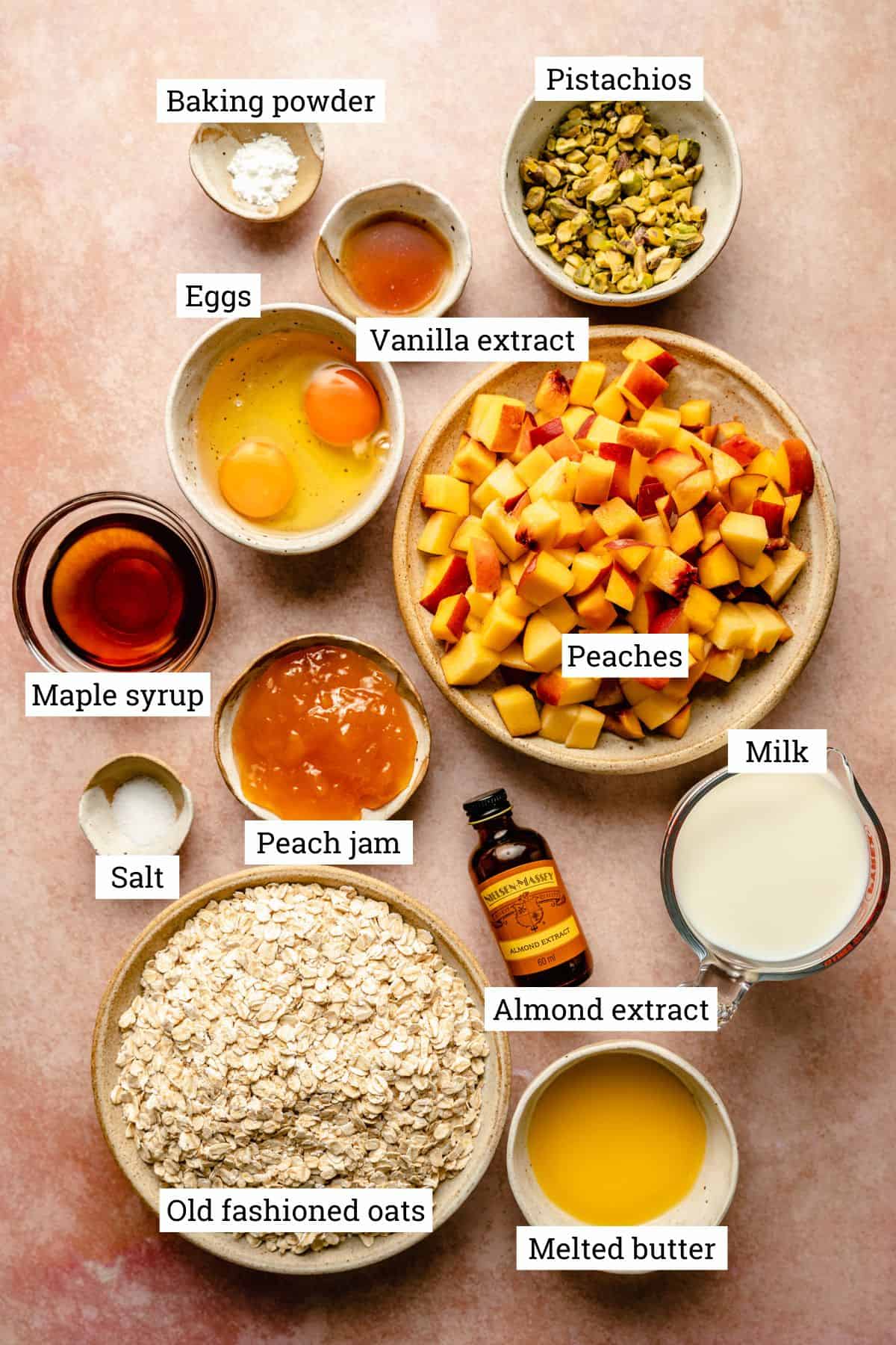Ingredients for the baked oatmeal in various bowls.