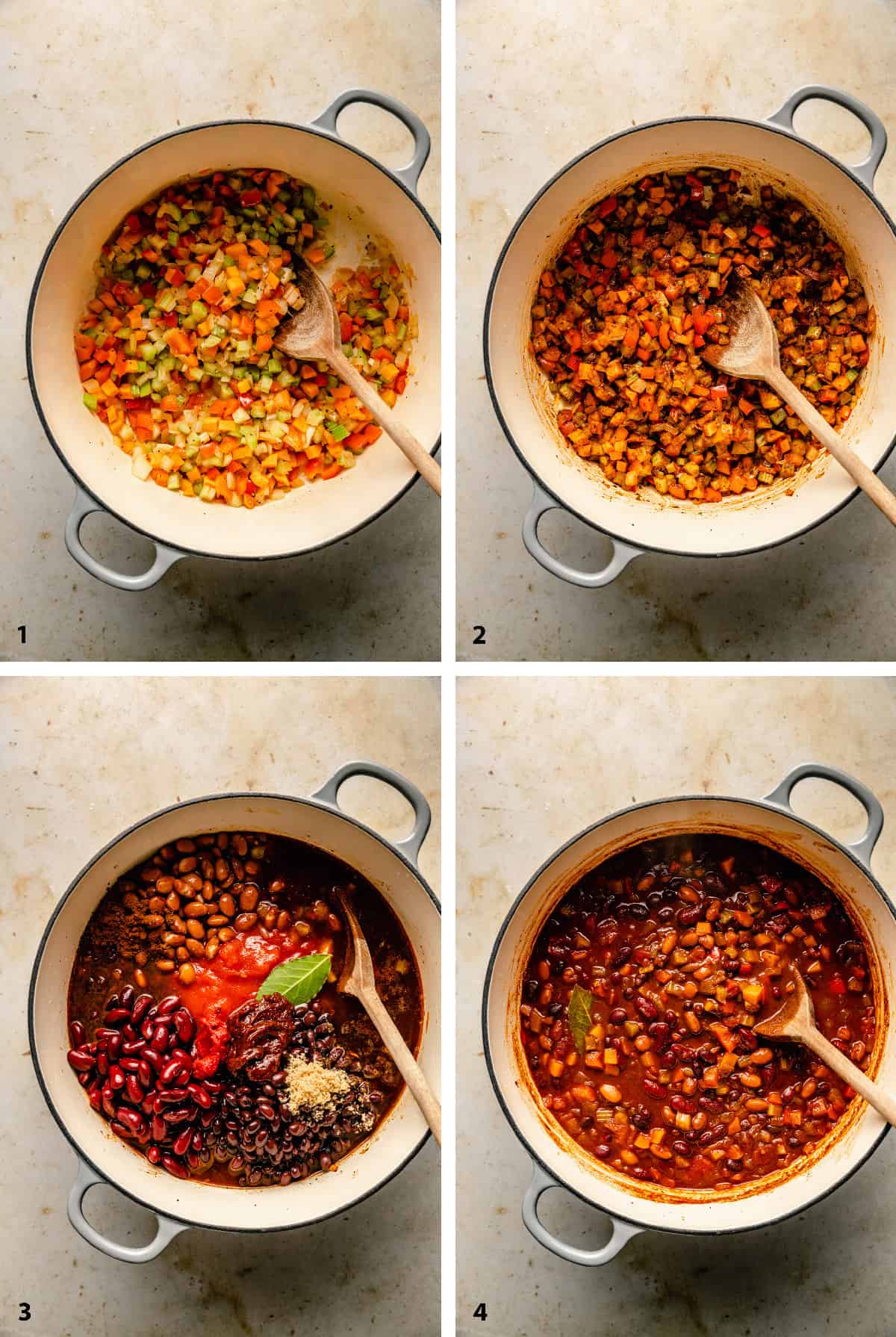 Process steps of creating the chili in a dutch oven with a spoon.