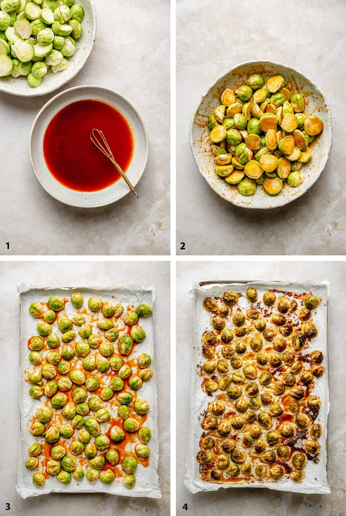 Process of making glazed, coating sprouts, prebaked and post baked sprouts on baking sheet.