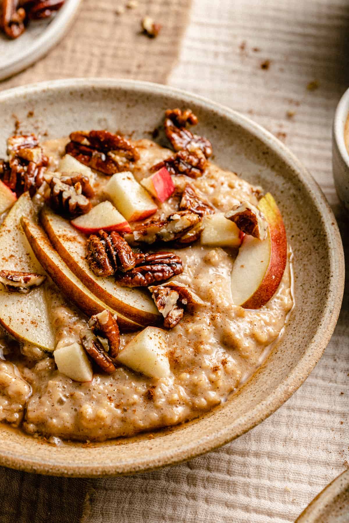 A close up of a bowl of brown sugar oatmeal with glazed pecans and fruit on top.