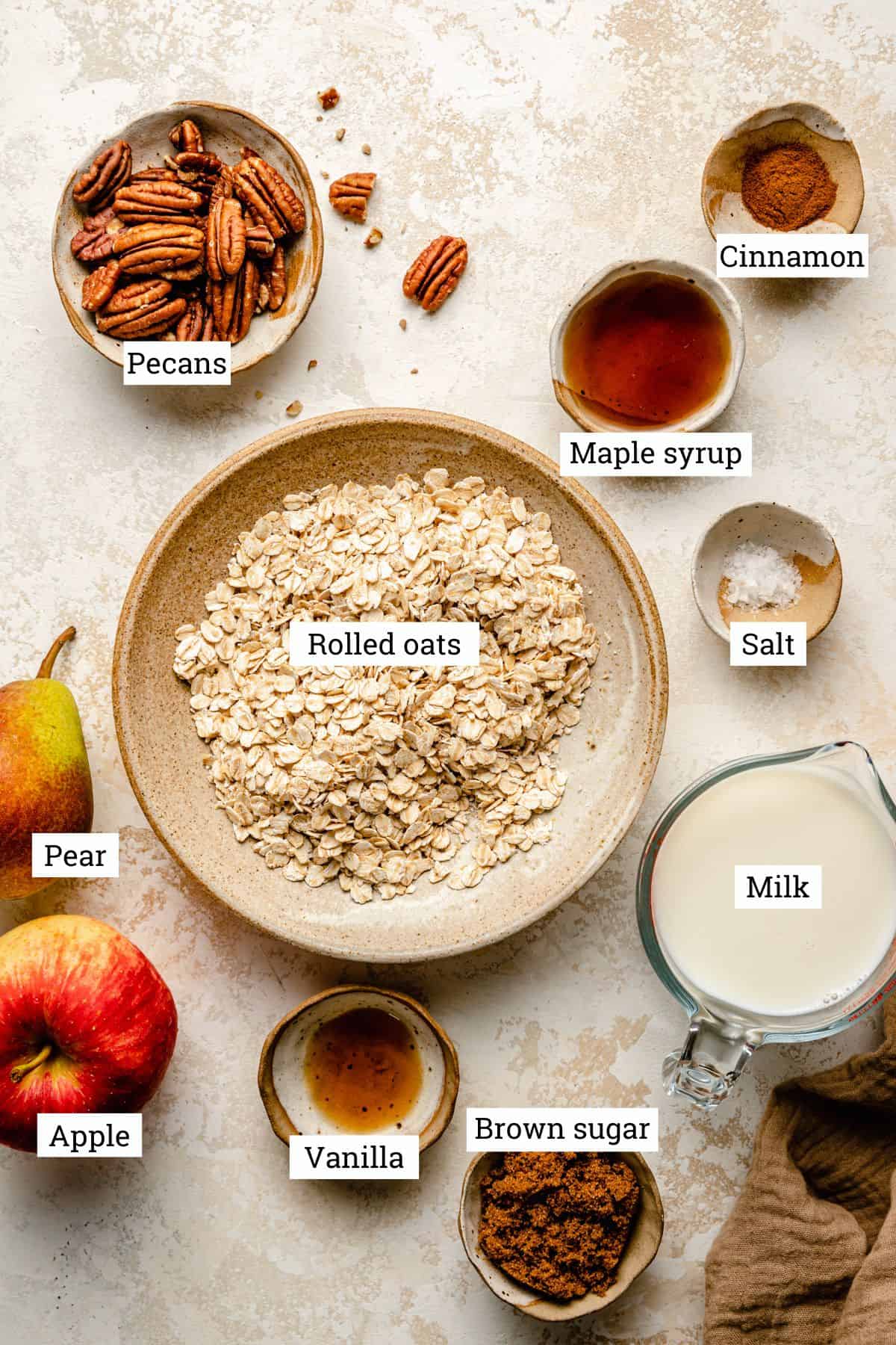 Ingredients including, oats, milk, salt, vanilla, brown sugar, maple syrup, pecans and cinnamon.