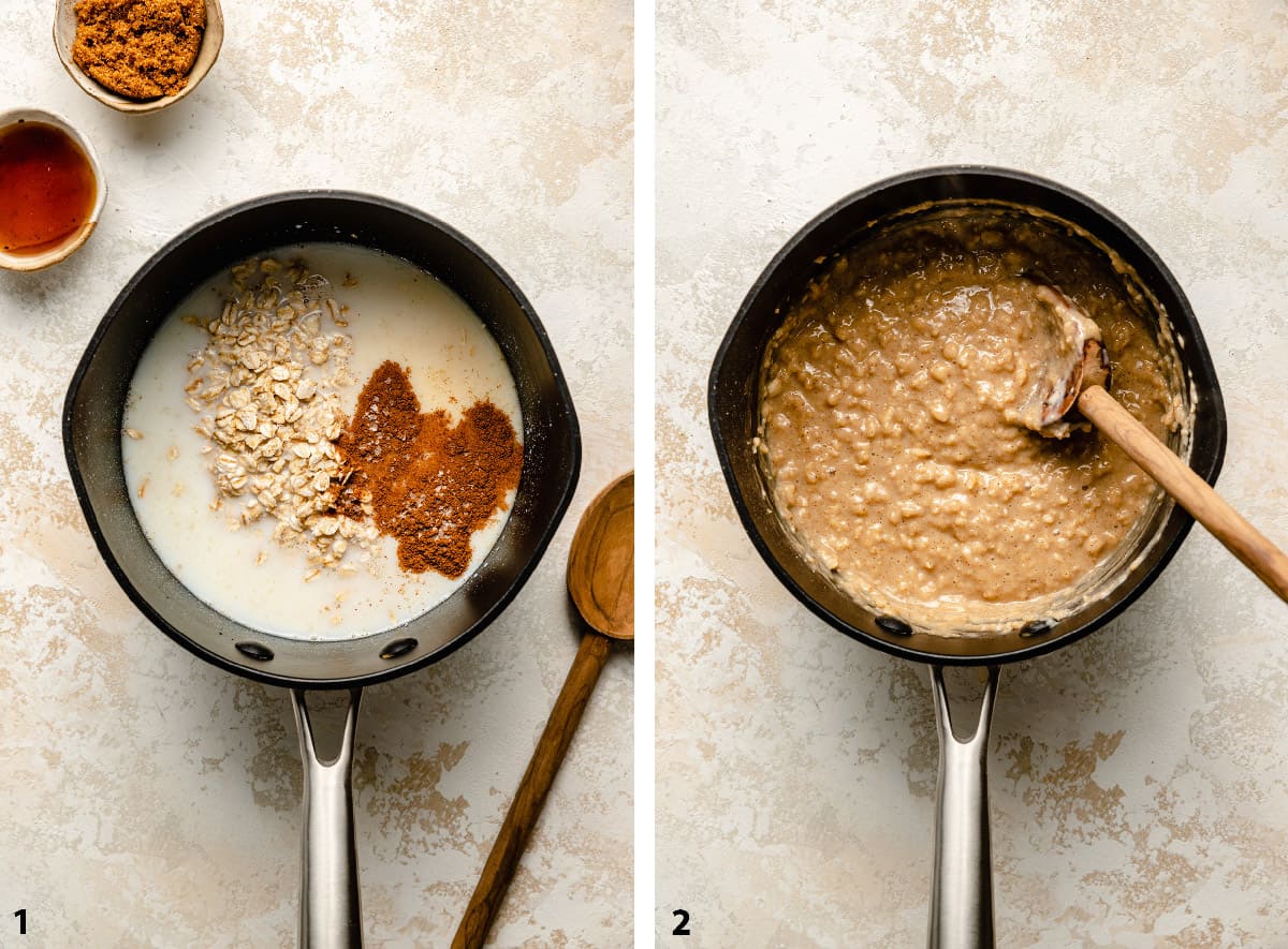 Ingredients for oatmeal in a pan and cooked oatmeal in a pan with a spoon.